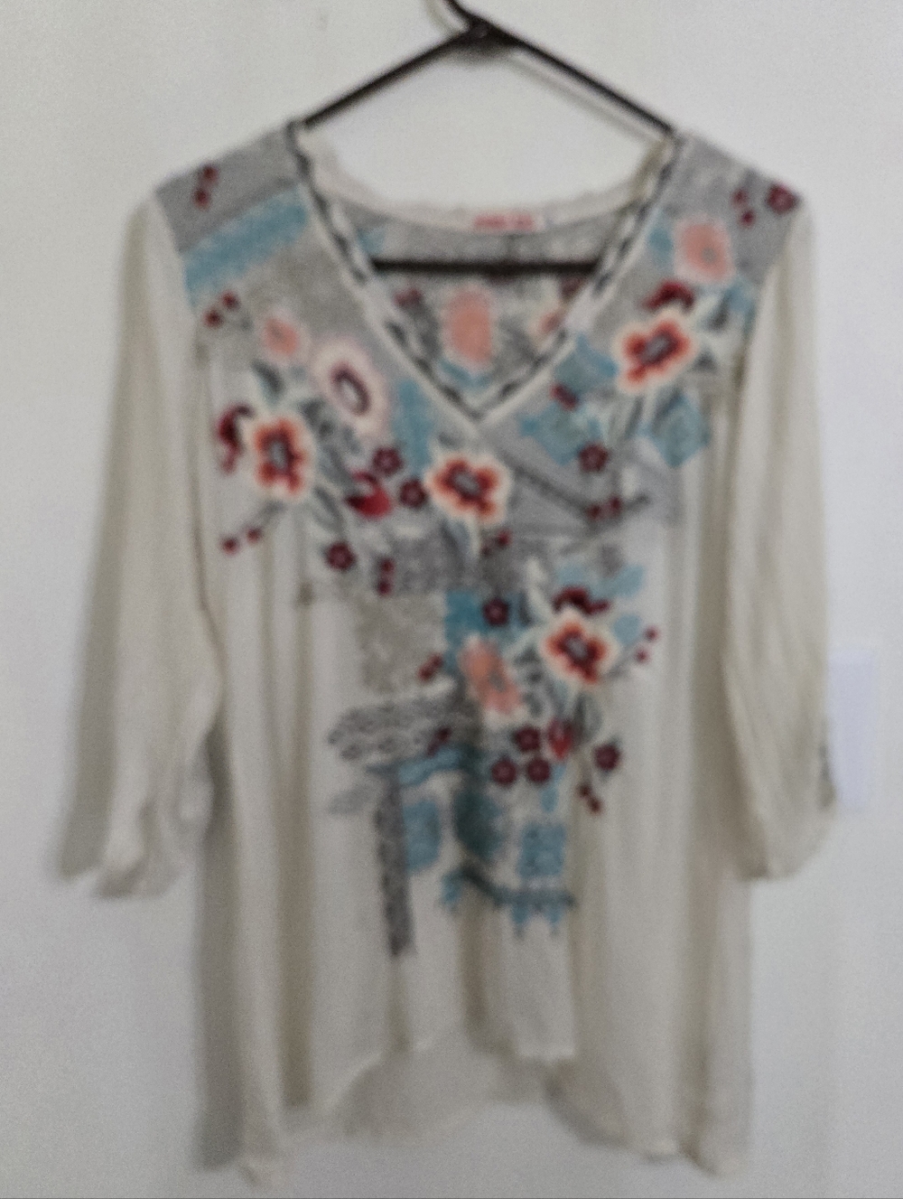 Johnny Was Cream Tunic with Blue & Coral Floral Embroidery